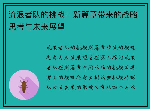 流浪者队的挑战:新篇章带来的战略思考与未来展望 流浪者队的挑战:新篇章带来的战略思考与未来展望