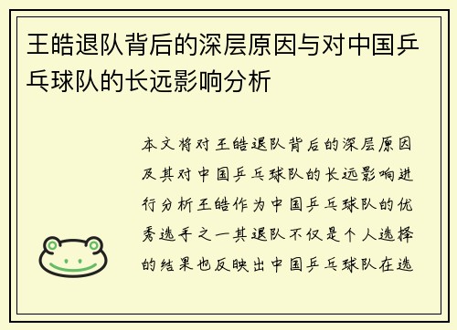 王皓退队背后的深层原因与对中国乒乓球队的长远影响分析 王皓退队背后的深层原因与对中国乒乓球队的长远影响分析